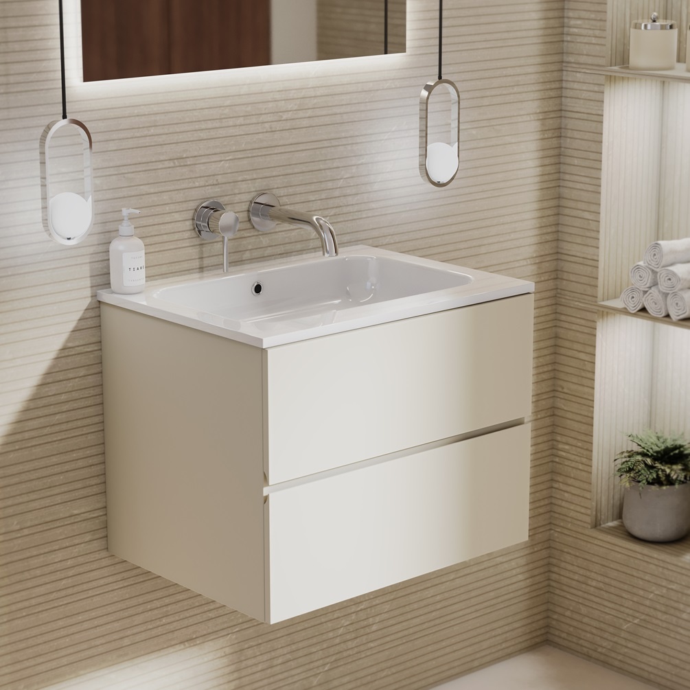 product lifestyle image of Zero Sahara Silk 600mm Double Drawer Wall Hung Vanity Unit and 0TH Gloss White Basin 1042-BL1162C-L055K